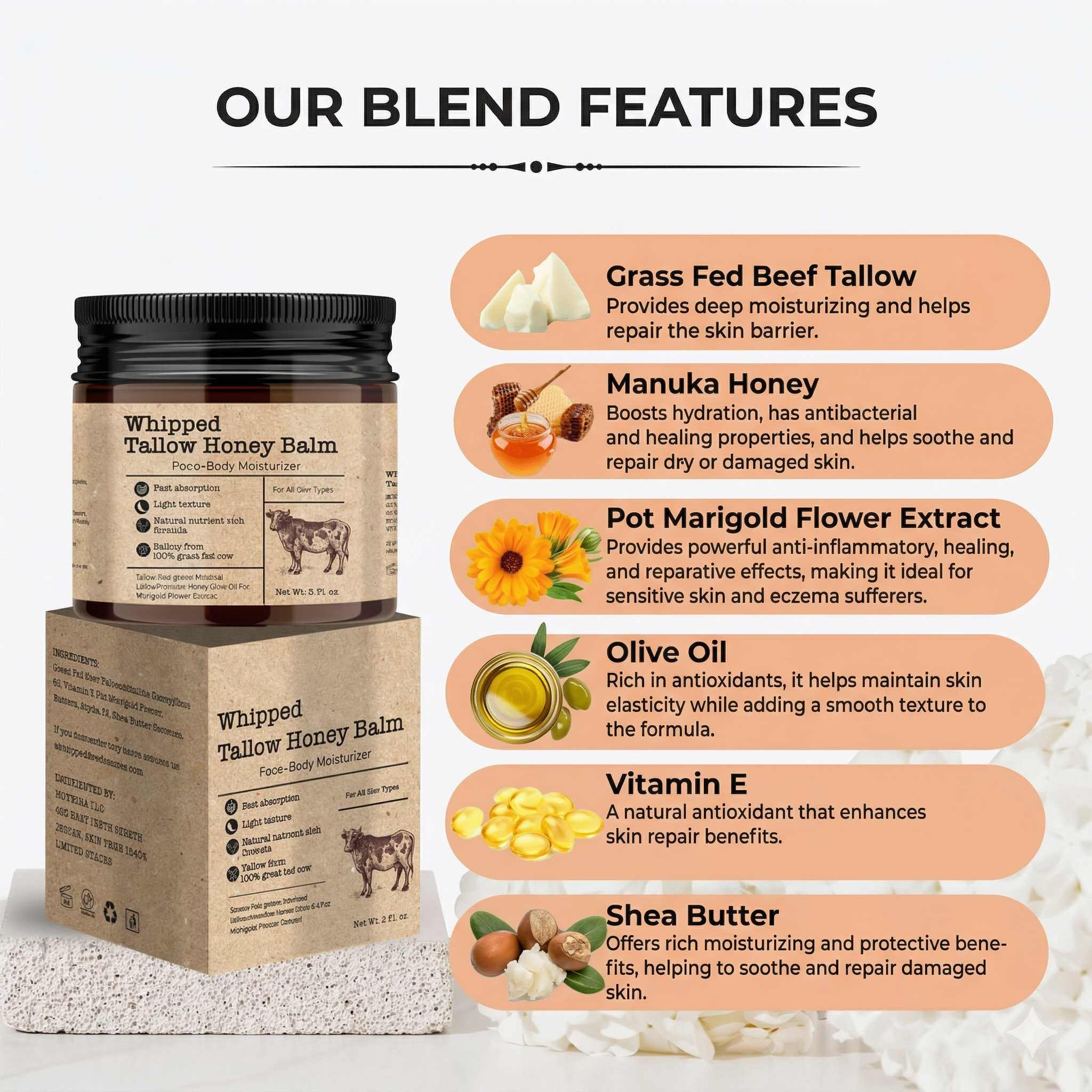 Whipped Tallow Honey Balm for Deep Hydration & Skin Repair