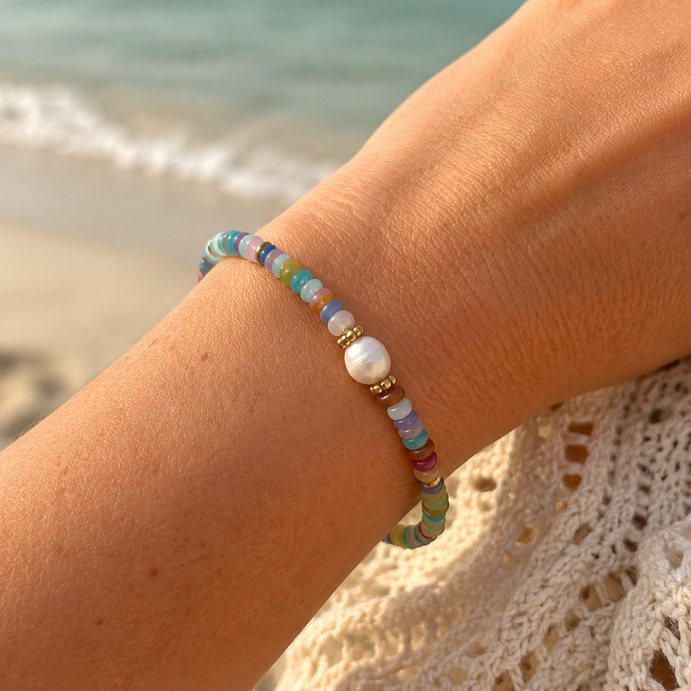 Multi-colour beaded Freshwater Pearl & Natural Stone Bracelet