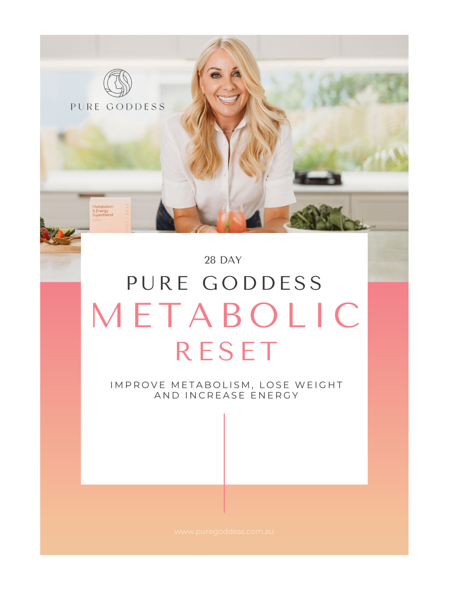 Cover of the '28 Day Pure Goddess Metabolic Reset' paperback book featuring the title and subtitle, with an image of a smiling woman in a kitchen setting.