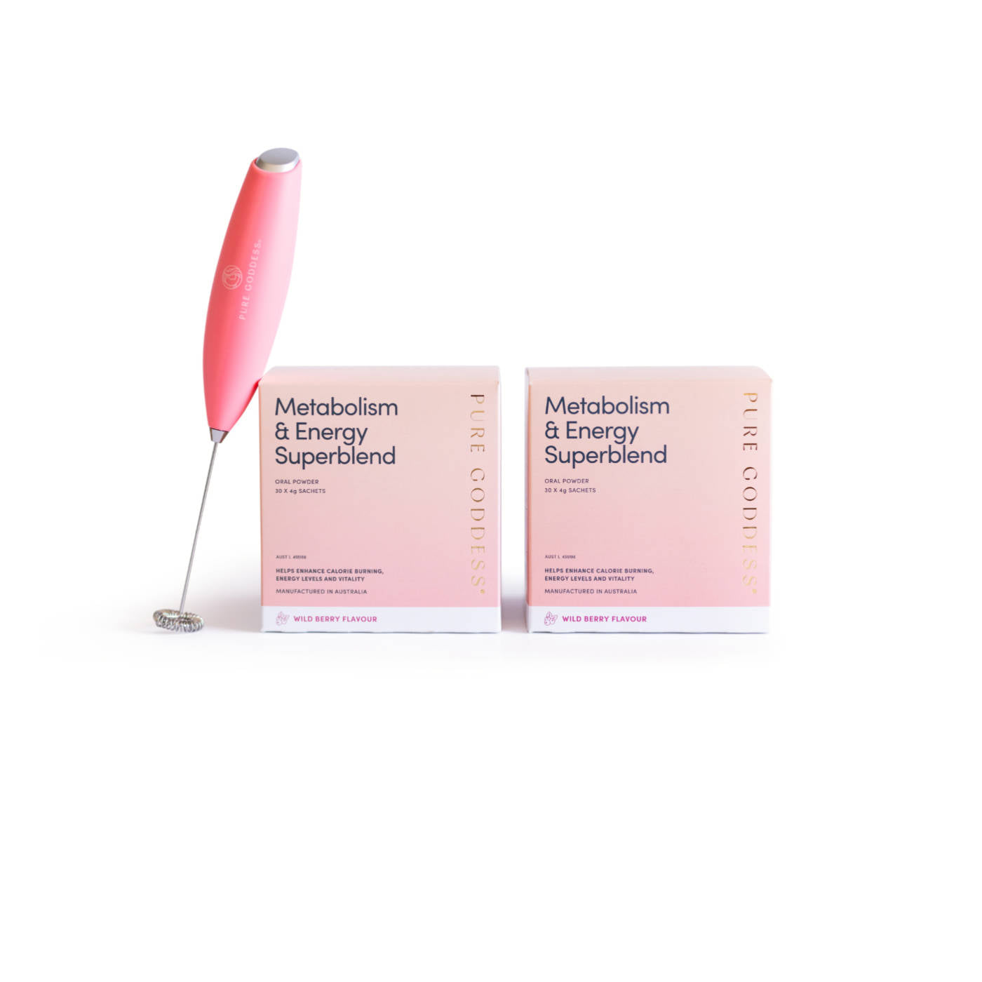 Two boxes of Metabolism & Energy Superblend Wild Berry Flavour product with a mini handheld blender. The boxes are pink with the product name and quantity '60 Sachets' visible.